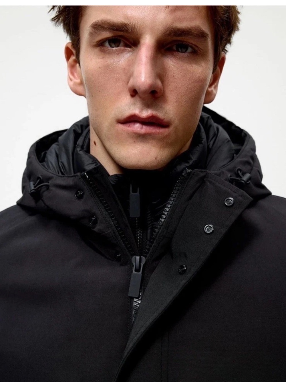 ZARA Men's Black Long  Quilted Down Jacket /Coat /Parka Detachable Hoodie XL
